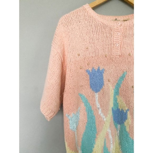 Vintage Acrylic Pastel Sweater Womens Large Fairy Kei 90s flower print - Picture 2 of 8